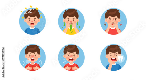 Worried boy with flu symptoms like dizziness, vomiting, nosebleed, cough, fever, and toothache needs medical care now