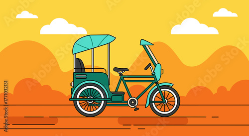 Explore exotic lands with this vintage Asian rickshaw against a stunning sunset backdrop, perfect for travel blogs and cultural promotions
