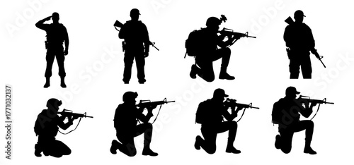 Dynamic silhouettes of soldiers in action poses, embodying courage and readiness for military defense or strategic operations, perfect for impactful designs