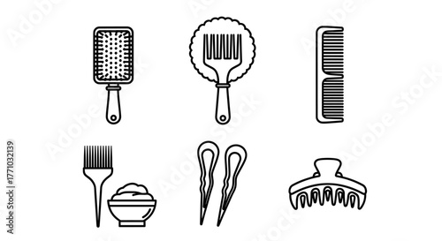 Elegant line art of hair styling tools for a modern salon or beauty brand, perfect for minimalist design and showcasing professional haircare accessories