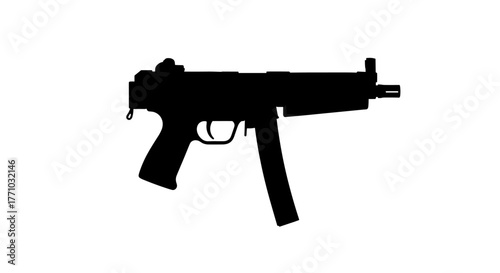 Sleek black silhouette of a submachine gun against a stark white backdrop, ideal for graphic design projects seeking a modern, minimalist edge