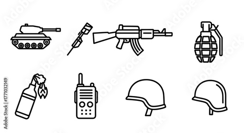 Outlined military equipment offers sharp visual for defense, security, or global conflict themes with tank, grenade, rifle, walkie talkie, helmet, molotov cocktail