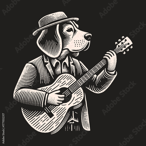 Dog Musician Playing Guitar in a Stylish Outfit.
