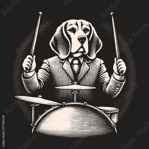 Dog playing drums in a suit musical performance illustration.