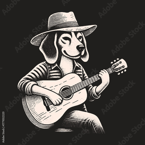 Dog Playing Guitar in Cowboy Hat Black and White Illustration.