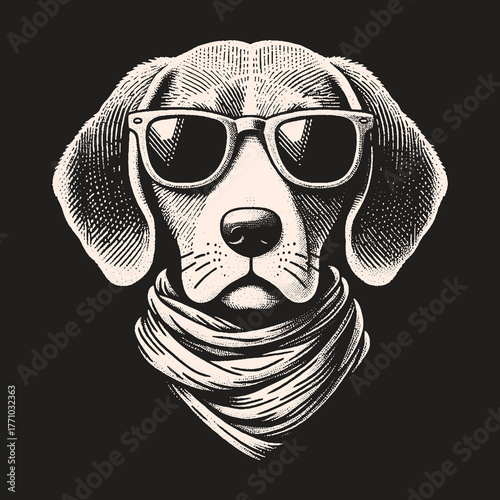 Cool Beagle Dog with Glasses and Scarf Portrait.