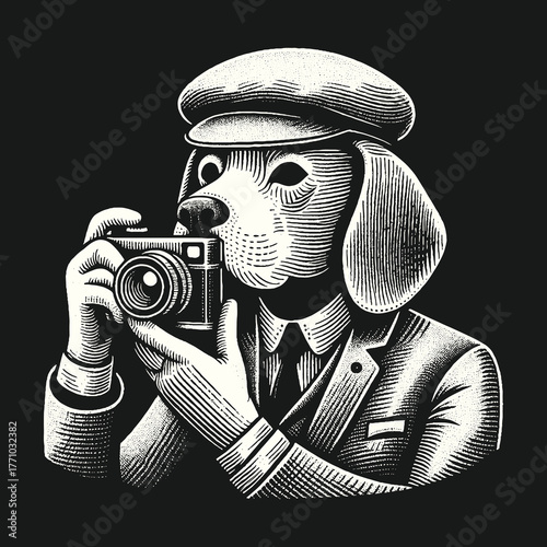 Dog Photographer Captures Moments in Detailed Monochrome Illustration.