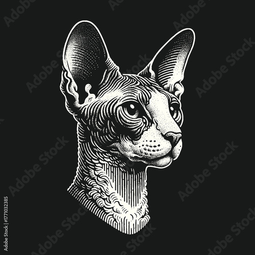 Sphynx Cat Portrait: Detailed Engraving on Black Background.