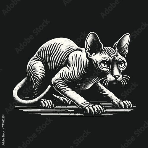 Sphynx Cat Stalking Prey Alert and Focused Ready to Pounce.