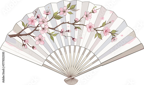 Cherry blossom hand fan silhouette, traditional Japanese folding fan, floral decoration, pastel background, cultural art, elegant design – cad drawing flat vector illustration