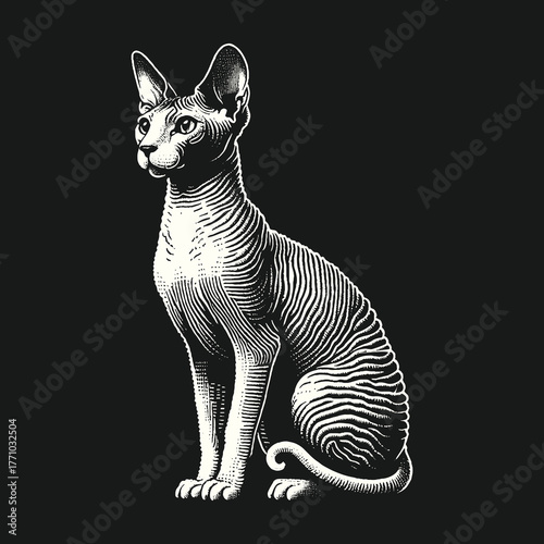 Elegant Sphynx Cat Portrait in Detailed Engraving Style.