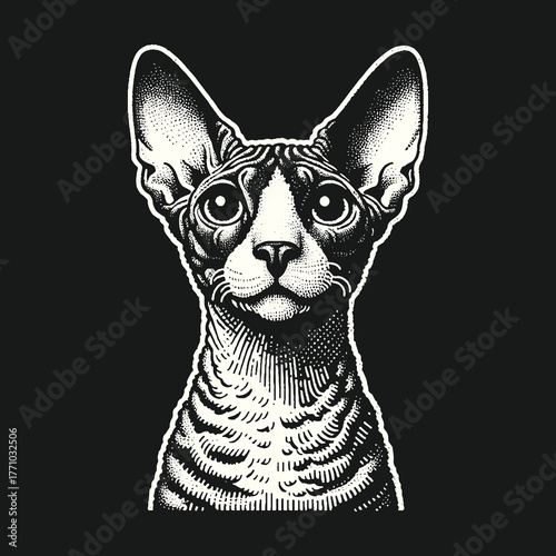 Sphynx Cat Portrait: Striking Black and White Illustration.