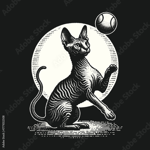 Sphynx Cat Reaching for a Tennis Ball in a Detailed Illustration.