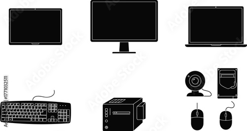 Computer hardware silhouettes, desktop monitor, laptop, tablet, keyboard, tower, webcam, hard drive, computer mice set – cad drawing flat vector illustration