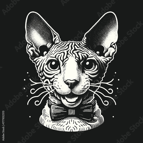 Elegant Sphynx Cat Portrait with Bowtie and Whiskers.