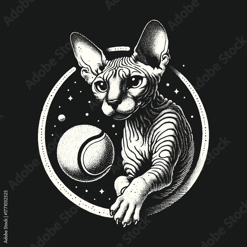Sphynx Cat with Tennis Ball in Cosmic Circle.