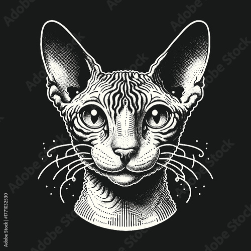 Sphynx Cat Portrait: Intricate Black and White Illustration.