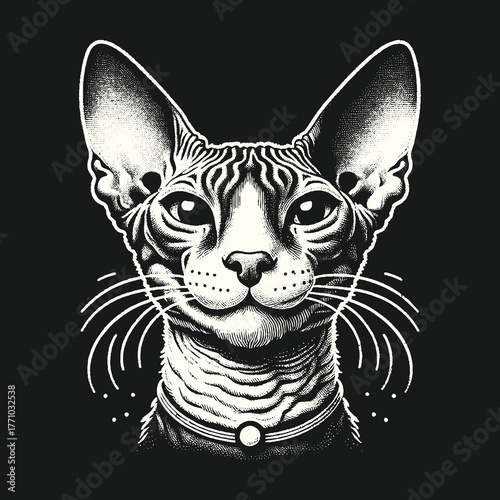 Sphynx Cat Portrait: Striking Black and White Illustration.