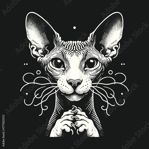 Sphynx Cat Portrait Artistic Illustration Black Background.