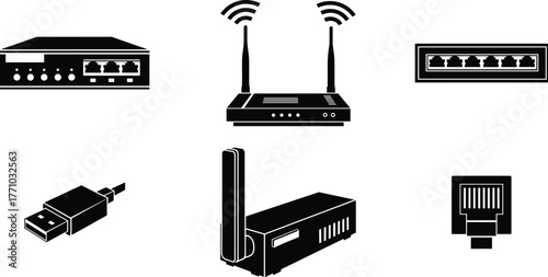 Networking devices silhouette set, Wi‑Fi router, Ethernet connector, modem, patch panel, USB adapter, server switch – cad drawing flat vector illustration