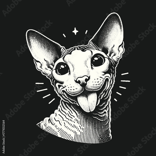 Sphynx Cat Portrait Smiling with Tongue Out Black and White Illustration.