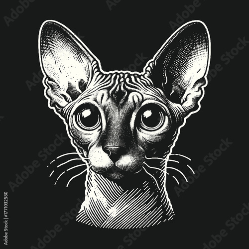Sphynx Cat Portrait: Detailed Illustration on Black Background.