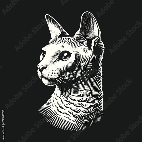 Sphynx Cat Portrait: Elegant and Detailed Engraving.