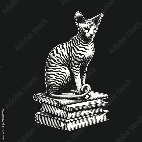 Elegant Cat Perched Atop Stacked Books in Monochrome.