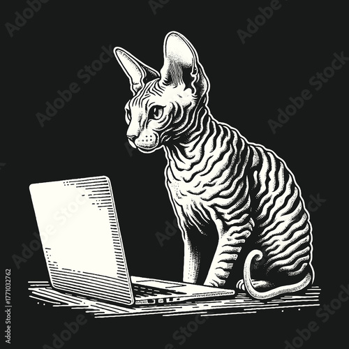 Sphynx Cat Engaged with Laptop: A Focused Digital Observer.