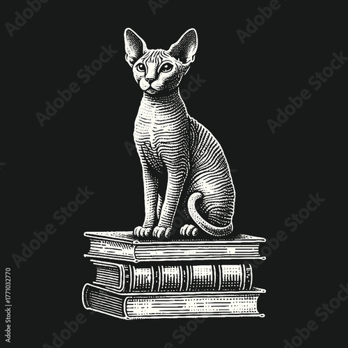 Sphynx Cat Perched Atop Stacked Books Illustration.