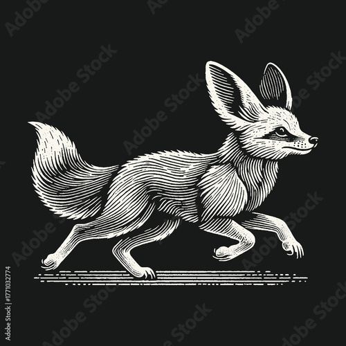 Elegant Fennec Fox Engraving on Black Background.