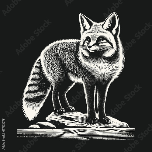 Elegant Fox Portrait on Stone: A Detailed Monochrome Illustration.