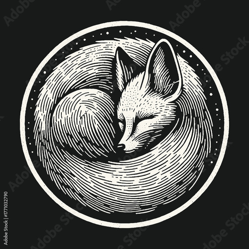 Sleeping fox illustration in a circular design on black background.