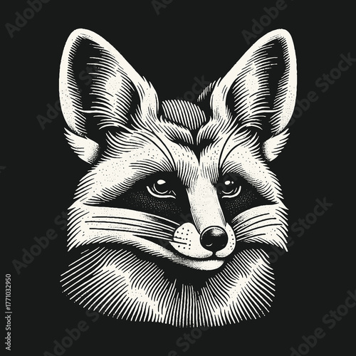 Fox Portrait: Detailed Engraving on Black Background.