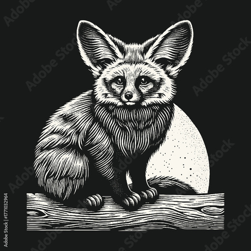 Artistic Fennec Fox Portrait Sitting on Wooden Log.