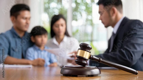 Family with child meeting lawyer for legal consultation, discussing family law, custody, or immigration matters, with gavel symbolizing justice, protection, and legal rights