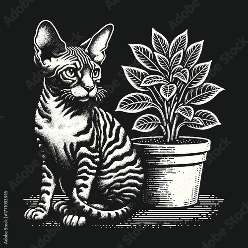 Sphynx Cat and Potted Plant Monochrome Illustration.