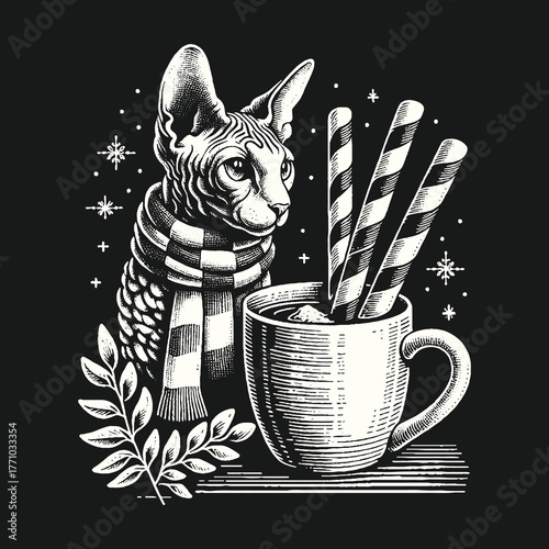 Sphynx Cat with Scarf and Hot Chocolate Delight.