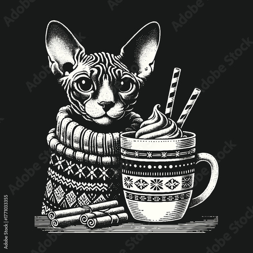 Sphynx Cat with Cozy Sweater and Hot Chocolate Illustration.