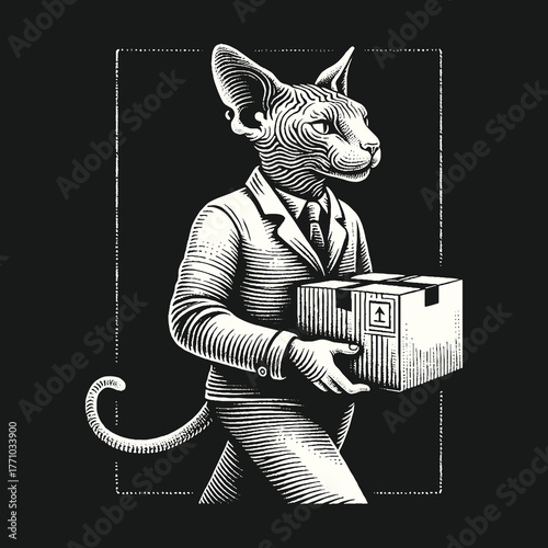 Sphynx Cat Courier Delivering Package in Formal Attire.
