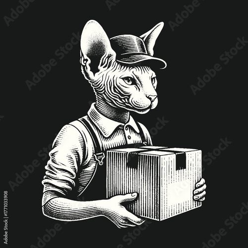 Sphynx Cat Courier Delivering Package with Determination and Focus.