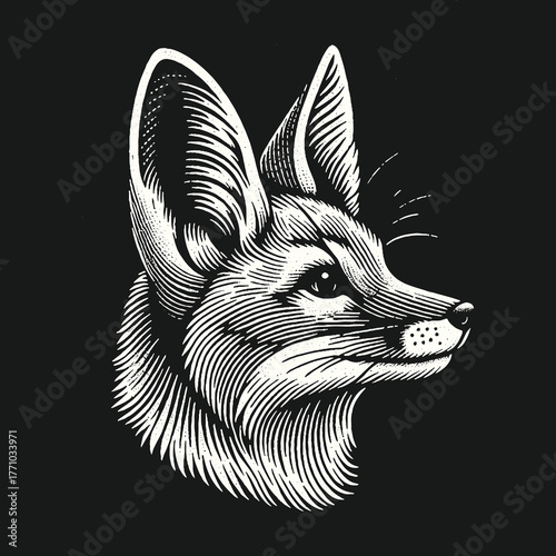 Intricate fox portrait in detailed monochrome engraving style.
