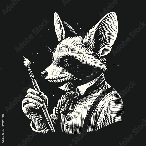 Artistic Fox Holding a Paintbrush in Elegant Attire.