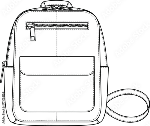 Backpack technical drawing, fashion design sketch, sling bag illustration, vector outline, apparel accessory blueprint, detailed stitching, zipper pocket, CAD style