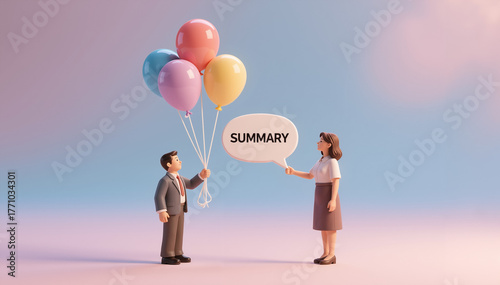 A businessman is handing a cluster of colorful balloons to a businesswoman, with a speech bubble saying  SUMMARY between them