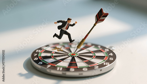 A miniature businessman is running away from a dart that has hit the bullseye of a dartboard, symbolizing success and reaching objectives
