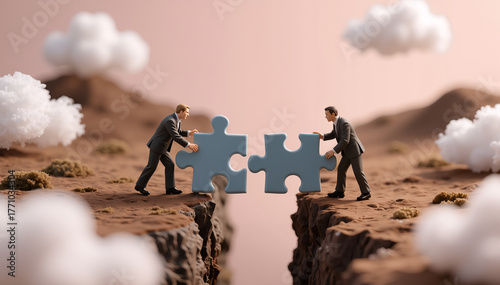 Two businessmen are meeting on either side of a chasm, each holding a puzzle piece that fits together to bridge the gap