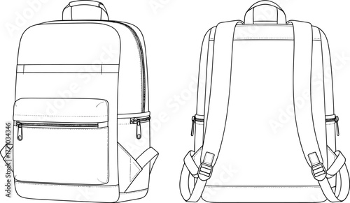 Backpack, technical drawing, flat sketch, vector illustration, CAD design, fashion accessory, outdoor gear, travel bag, zipper pocket, side pocket, shoulder straps