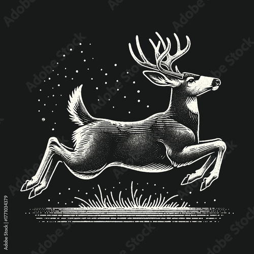 Deer leaping gracefully across the night sky illustration.