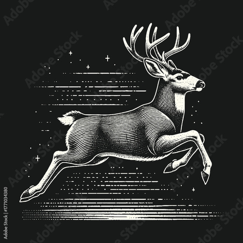 Elegant Deer Leaping Through the Night Sky: A Majestic Illustration.